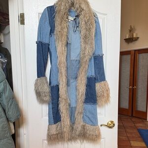 Milk It Chic Denim Patchwork Jacket with Faux Fur Trim